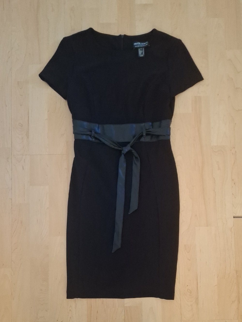Frank Lyman Black Midi Knee Length Sheath Dress with Leather Waist Tie Size 6